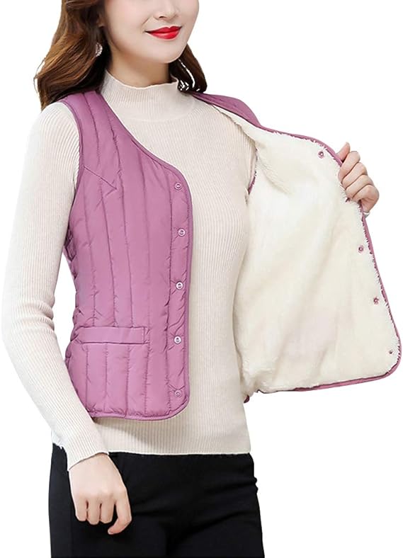Phorecys Womens Fleece Lined Quilted Vest Jacket V Neck Sleeveless