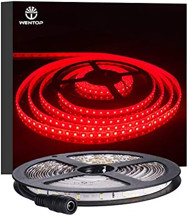 WenTop Waterproof Led Strip Lights SMD 3528 16.4 Ft (5M) 300leds 60leds/m Red Flexible Tape Lighting Tape Lights in DC Jack for Boats, Bathroom, Mirror, Ceiling - Not Include Power Supply