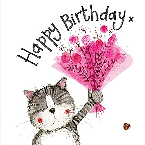 Alex Clark Pink Bouquet Cat Birthday Foil Card - Kitten - Floral - Girl Birthday - Flowers - Female - Cards To Celebrate - Designed and Printed in the UK…