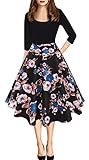 Aliling Women's Elegant A Line Scoop Neck Floral Print Swing Casual Party Dress