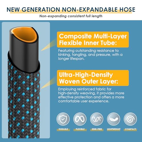 FLOERXIS Non-Expandable Garden Hose 100 FT, Lightweight Hose with 10 Function Spray Nozzle, Kink-Free Flexible Water Hose, Durable, Leak-Proof, 360° Swivel Connectors, Portable Storage Strap