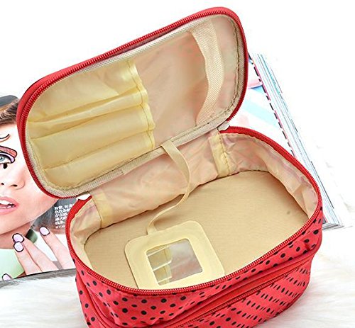GuGio Travel Makeup Bag Cosmetic Organizer Case for Women, Double Layer Dot Toiletry Train Brush Bags for Girls Ladies
