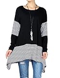 Mordenmiss Women's Stripes Asymmetry Hem Tunics Blouse with Pockets L Black