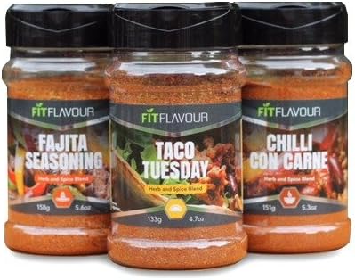 Fit Flavour All Purpose Healthy Seasonings, Mexican Combo (3 x Large Tubs - Over 450g Total ) Fajita, Chilli Con Carne, Taco Herbs and Spice Blend Mix Rub, 100% Natural Ingredients, Vegan and Vegetarian, Amazing Taste, Amazing Value