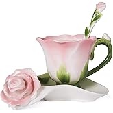 ONEUSTAR Pink Tea Cup and Saucer Set for 1 Ceramic Hand Crafted Rose Flower Coffee Cup for Mother's Day Thanksgiving Wedding Birthday Gift for Women, 6 Oz