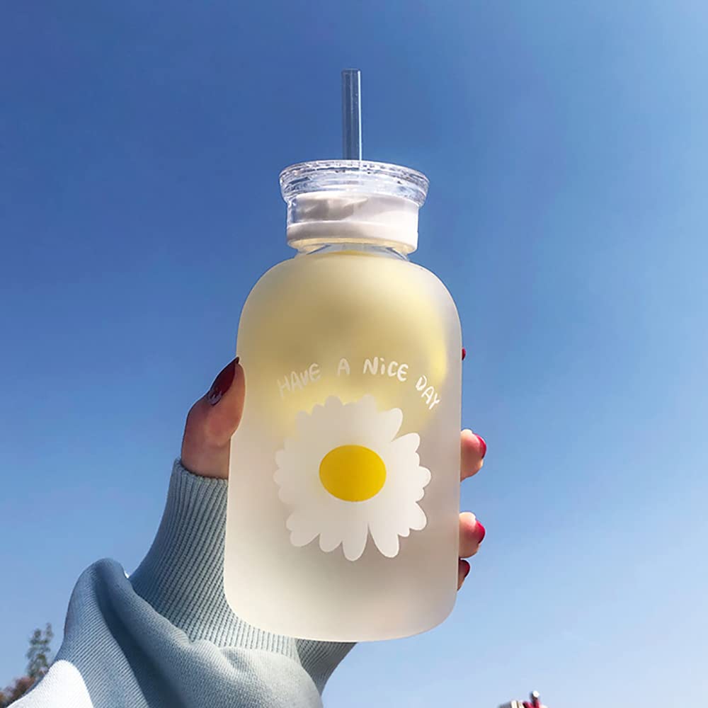 Cute 480 ml Water Bottle with Graduation, 2 Lids, Daisy Pattern, Matte, Creative Practical Water and Grass Bottle Gourd (One Flower)