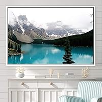 Framed Canvas Wall Art Calming Waters Aerial Cool Lake Landscape Multicolor Photography Realism Relax/Calm - 16x24 inches