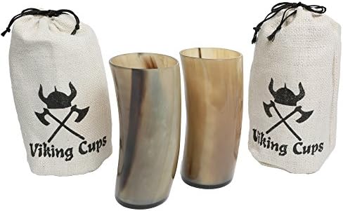Viking Drinking Horn by Viking Cups – Authentic Medieval Mead Cup- Leak Free Beer Beaker- Handmade Stein Mug (NO TWO LOOK ALIKE)- Unique Renaissance Tankard- Gift in Hemp Sack (16oz (2 Pack))