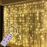 300 LED Twinkle Window Curtain Star Lights with 8 Modes Remote, Warm White Decorative Twinkly Fairy Icicle Hanging String Lights for Bed Canopy Bedroom Room Wall Wedding Christmas Decoration