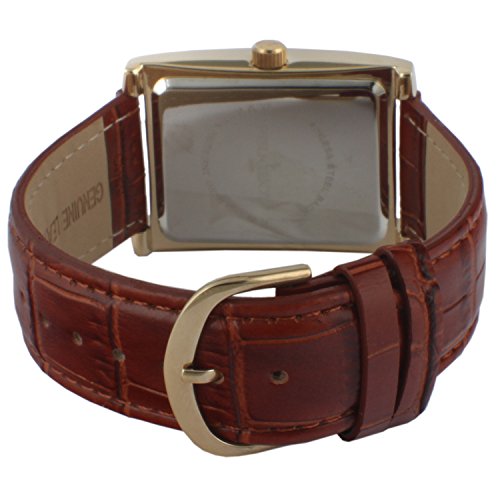 Peugeot Men's Vintage Rectangular 14K Gold Plated Brown Leather Strap Watch