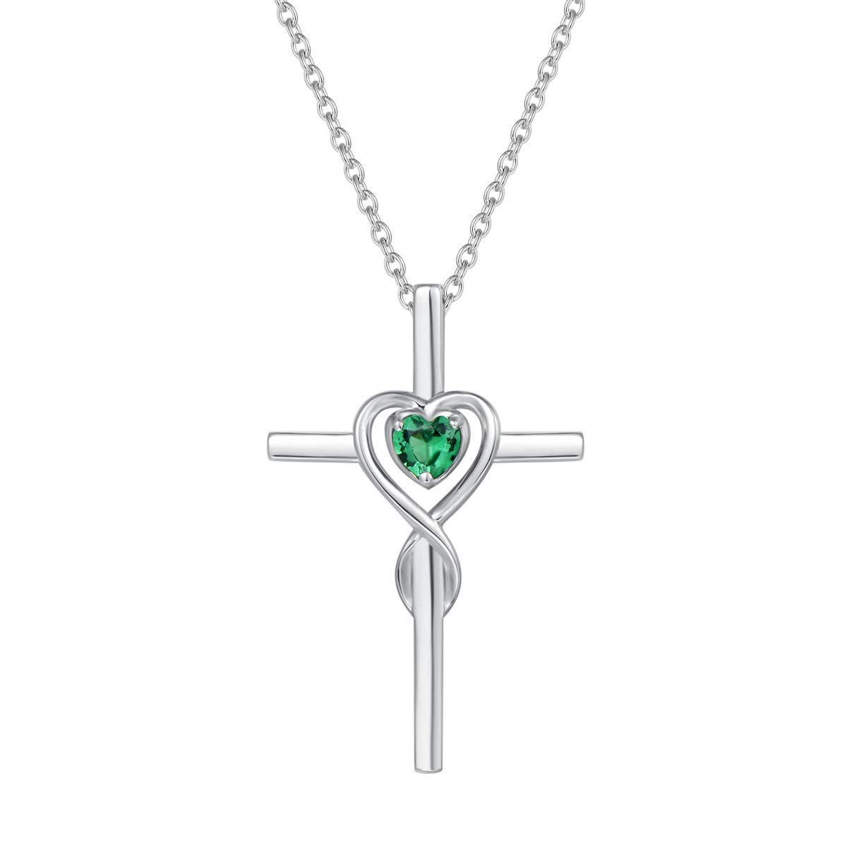 FANCIME 925 Sterling Silver Cross Infinity Heart Pendant Necklace with Created Green Emerald Gemstone Fine Jewellery for Women Girls - Chain Length: 16 + 2 Inch — image 1