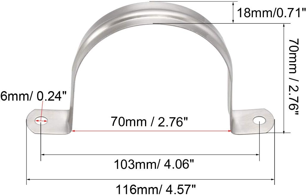 sourcing map 70mm(2.8") Rigid Pipe Strap, 2 Holes 304 Stainless Steel Tension Tube Clip Clamp 5pcs, Silver - Image 3
