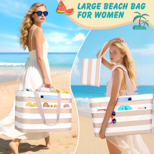 NEWIROVE Beach Bag Women Large Xxl Family Bags Beach with Zip Beach Bag Foldable Bag Travel Lightweight Tote Bag Women for Beach, Travel, Picnic. 50L