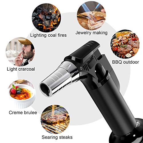 2 Pack Butane Torch, Culinary Blow Torch Lighter, Refillable Kitchen Cooking Torch with Safety Lock & Adjustable Flame for BBQ, Creme Brulee, Baking, Crafts (Butane Gas not Included) (Black/Sliver)