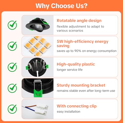 Aulaiyi LED Downlight Recessed Ceiling Dimmable 230V, 5W 500LM LED Spotlights Indoor Rotable Ceiling Warm White Neutral White Cool White, IP44 Extra Flat Portholes, Cut 68-80mm, Black 10 Pack