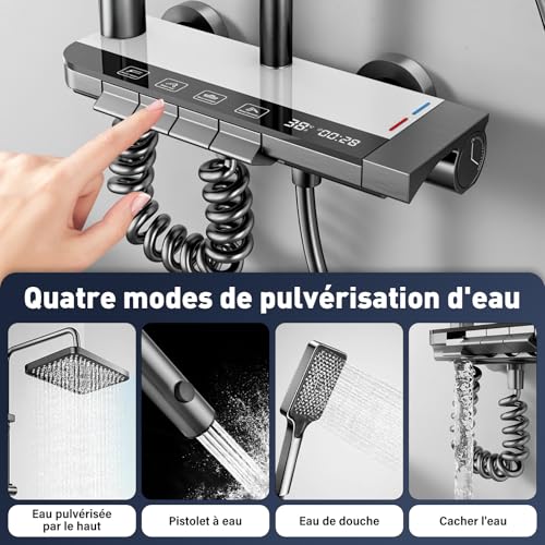 Koeutoze Thermostatic Shower Column with LED Digital Display, Rain Shower System with Hand Shower Head and Waterfall Faucet, Adjustable Height (Grey)
