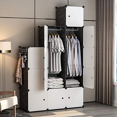 GEORGE&DANIS Portable Wardrobe Closet Plastic Dresser Bedroom Armoire DIY Cube Storage Organizer, Black, 18 inches Depth, 3x5 Tiers Trapezoid