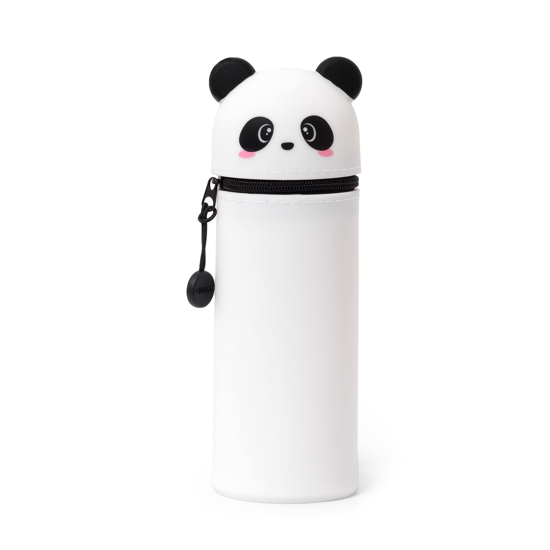 Legami - 2 in 1 Pencil Case in Soft Silicone, Kawaii, 6.3x18.5 cm, Panda Theme, Pencil Case and Desk Pen Holder, Retractable Capacity, Zipper Closure