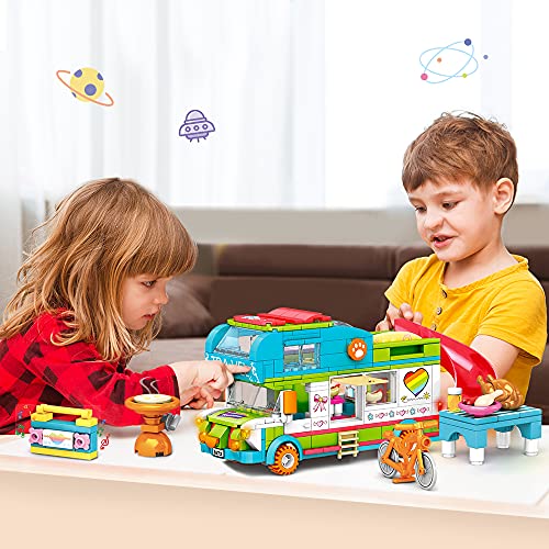 HOGOKIDS Girls Camper Building Toy: 452 PCS Camper Van Playset Building Blocks Toy with Slide | STEM Construction Kit for Girls Creative Building Bricks Gift for Kids Age 6 7 8 9 10 11 12