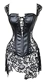 LovelyFish Women's Sexy Faux Leather Shoulder Strap Corset with Lace Skirt