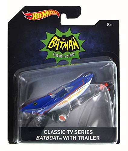 Classic Batman Batboat w/ Trailer, Blue w/ White - Mattel DKL20A - 1/64 Scale Diecast Model Vehicle