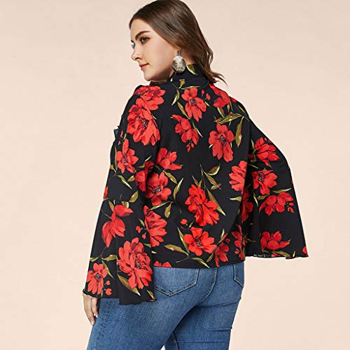 jiumoji Women Trumpet Sleeve Blouse Frint Tie Neck Floral Printing Tops Large Size Loose Elegant Shirt (-Red, XXXL)