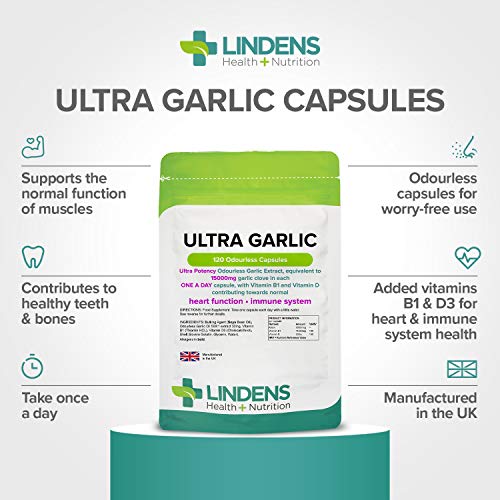 Lindens Ultra Garlic Odourless Capsules - Including Vitamin B1 and D3 - Contributes to Normal Muscle Function, Heart and Immune Health - 120 Capsules, 15000mg Garlic (10500mcg Allicin) - Image 3