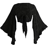 QJQ Women's Floral Ruffle Boho Crop Tops 70s Hippie Disco Western Outfits 3/4 Bell Sleeve Tie Front Deep V Neck Blouses