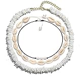 VOGUEKNOCK Shell Choker Necklace Mixed 3 Strands Puka Chip Shell Necklace Hawaii Beach Cowrie Seashell Necklace Pearl Choker Necklace Jewelry for Women Men (3 Strands Choker Set)
