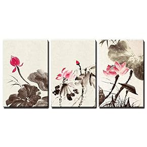 3 Panel Canvas Wall Art - Chinese Ink and Wash Painting Style Lotus Flowers - Giclee Print Gallery Wrap Modern Home Art Ready to Hang - 16"x24" x 3 Panels