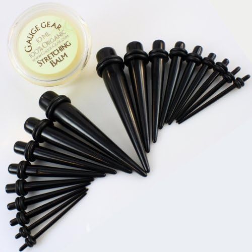 18 Pc Ear Taper Kit 1.6mm-10mm Gauges Expander Set Acrylic Black, 2 of Each Size with Guage Gear Stretching Balm w/Jojoba Oil
