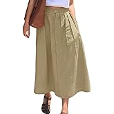 chouyatou Women's High Waisted Button Front Skirt A-Line Pleated Cotton Midi Long Skirt with Pockets