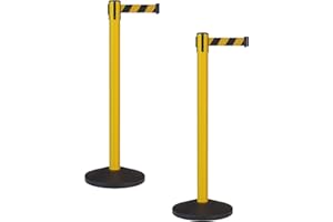 Crowd Control Warehouse - CCW Set of 2 Safety Retractable Belt Barrier Stanchion, Sloped Base, Yellow Post, RBB-100-11 ft Belt, Black and Yellow Diagonal Belt