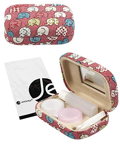 JAVOedge Colorful Cute Elephant Printed Fabric Travel Contact Lens Case Kit, Red