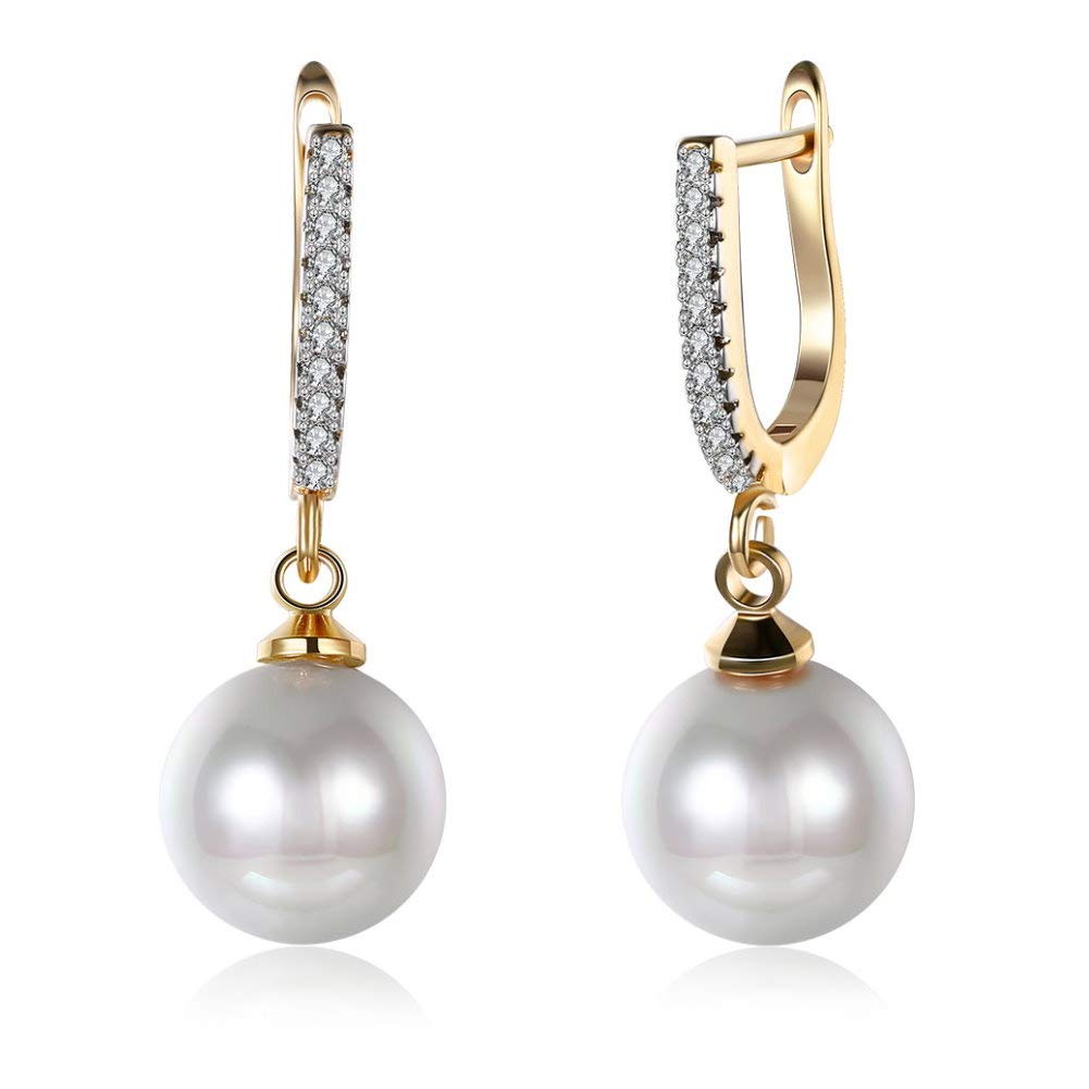 Dangle Pearl Drop 14K Gold Cubic Zirconia CZ Studs Diamond Dainty Small Hoop Earrings For Women Bridesmaids Crystal Hypoallergenic Post Nice Gift