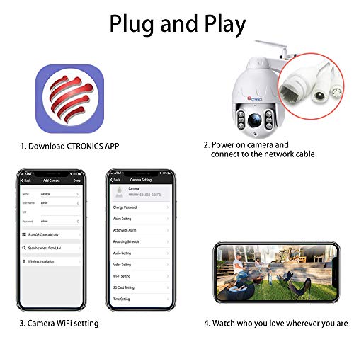 Ctronics PTZ WiFi Camera Outdoor,1080P Security IP Camera,Pan Tilt Zoom( 4 X Optical Zoom) Dome Camera,Motion Detection,165feet Night vision,Waterproof IP65,Micro SD card Up to 128GB(not included)