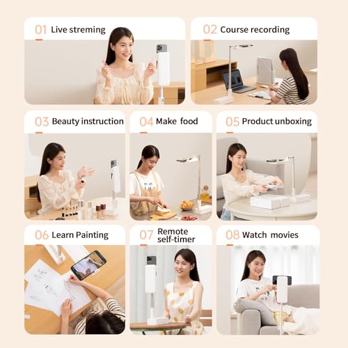 Upgrade Phone Stand for Recording,360° Rotation Overhead Phone Mount with Light,Desktop Tripod with Rechargeable 15 Brightness Canvas Lamp for Facebook, Instagram Live, Snapchat,TikTok/YouTube (V10)