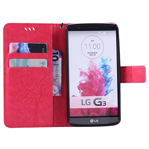 LG G3 Case,Best Share Embossing Fashion Floral Countryside Pattern PU Leather Flip Stand Case Wallet Design Card Slot Kickstand Feature With Hand Strap Cover For LG G3 VS985 D850 D851 4G LT,Rose