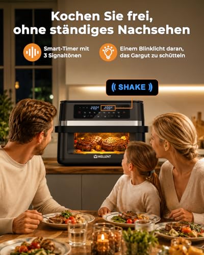 WELLENT Dual Zone Hot Air Fryer 12L 2950W with Removable Divider, 8-in-1 Air Fryer with Sync & Shake Reminder Function & Viewing Window Design
