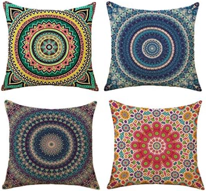 VOTENVO Set of 4 Pillowcases Retro Floral Mandala Bohemian Kaleidoscope Style Summer Decor Pillow Cover Cushion Case Decorative for Home Sofa Couch 18" x 18" (Kaleidoscope)