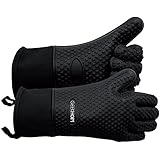 GEEKHOM Grilling Gloves, Heat Resistant Gloves BBQ Kitchen Silicone Oven Mitts, Long Waterproof Non-slip Potholder for Barbecue, Cooking, Baking (Black)