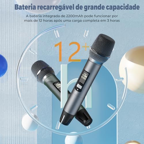JYX Microfones Sem Fio Profissionais UHF Duplos para Karaokê, Sistema Dinâmico com Receptor Recarregável, Saída 6,35mm & 3,5mm, Plug and Play, para Karaokê, Festa, Aula