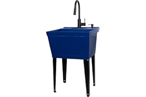 Blue Utility Sink with High Arc Black Faucet by VETTA by JS Jackson Supplies, Pull Down Sprayer Spout, Heavy Duty Slop Sink for Washing Room, Basement, Shop, Free Standing Laundry Tub Deep Plastic
