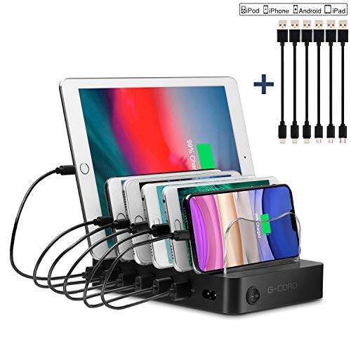 G-Cord 6 Port Multiport USB Charging Station, Detachable Desktop Docking Station for Smartphone & Tablet with 3 Pack Lightning Cables, 2 Pack Micro USB Cables, 1 Pack USB C Cable