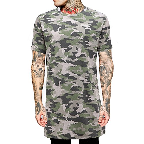 Men Longline Hip Hop Basic Solid Color Tshirt Fashion Clothing Camouflage (US-M, BlacK-MH005)