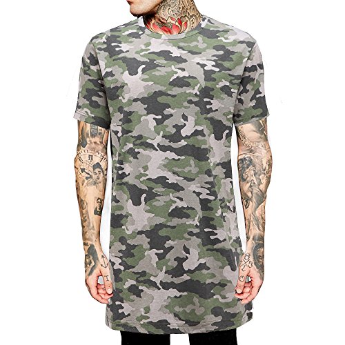 Men Longline Hip hop Basic Solid color Tshirt Fashion Clothing Camouflage (US-M, BlacK-MH005)