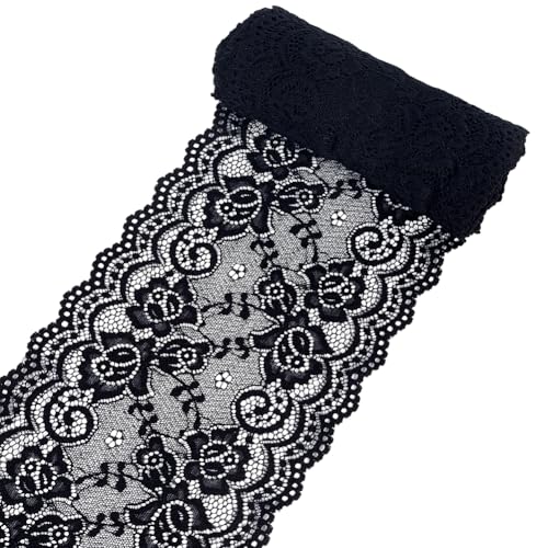 CABODYALS 5 Yards 6.3 Inch Black Elastic Lace Trim Vintage Scalloped Edge Trimming Stretch Floral Pattern Fabric Wide Laces Ribbon for Sewing Making Diy Craft Dresses Costume Decor Wedding Tablecloth