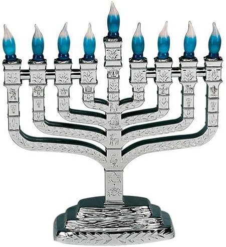 Silver Plastic Electric Knesset Menorah with Blue / White Bulbs by Aviv Judaica