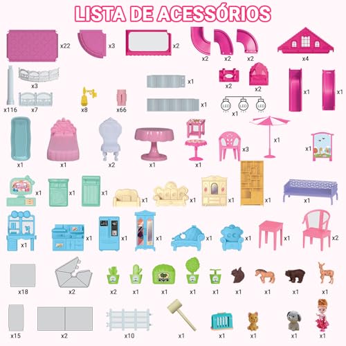 Casa de Boneca, 128cm*70cm*50cm, Casinha de Boneca, Castelo Da Princesa 364 Peças, 6º Andar, 19 Quartos, 2 Varandas com Pasto