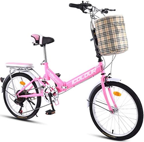 JuinTECH バスケット付き折りたたみ自転車可変速度男性女性大人学生市コミューターアウトドアスポーツバイク (Color : Pink)